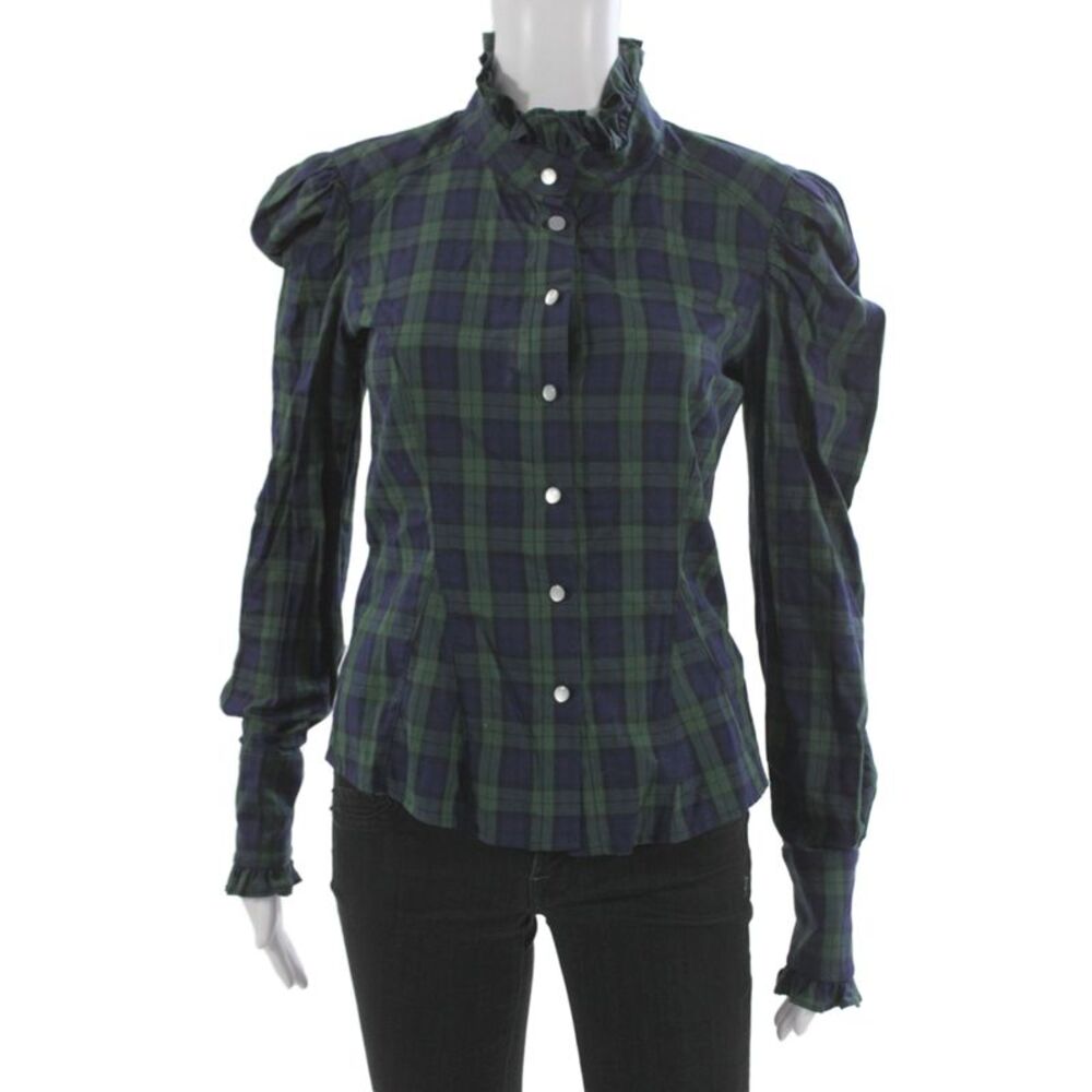 Petersyn Womens Basic Plaid Cotton High Neck Button Long Sleeve Blouse Size XS